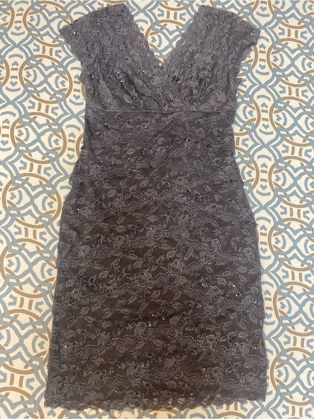 Lace V-Neck Midi Dress in Charcoal Gray
